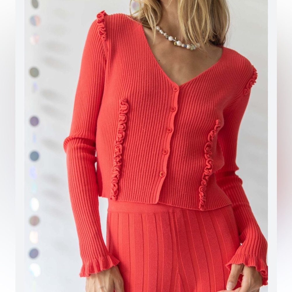 V-Neck Ruffle Trim Ribbed Cardigan - Coral Red